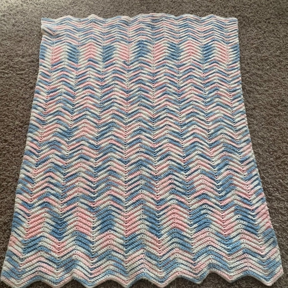 Handmade Crochet Baby Blanket Pink Blue White Chevron Ripple Afghan 42x33